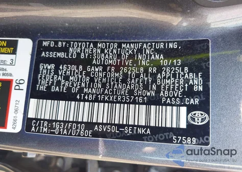 2014 Toyota Camry L/Se/Le/Xle z USA, uszkodzony, nr VIN 4T4BF1FKXER357161